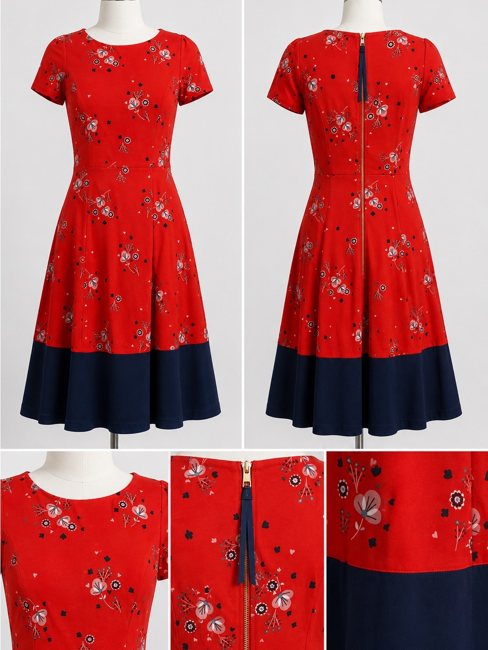 Boden Red Floral Fit & Flare Midi Dress Navy Hem | US 4R